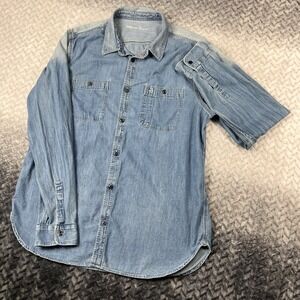 Gap Shirt Mens XL Blue Chambray Light Wash Long Slv Button Distressed Denim VTG